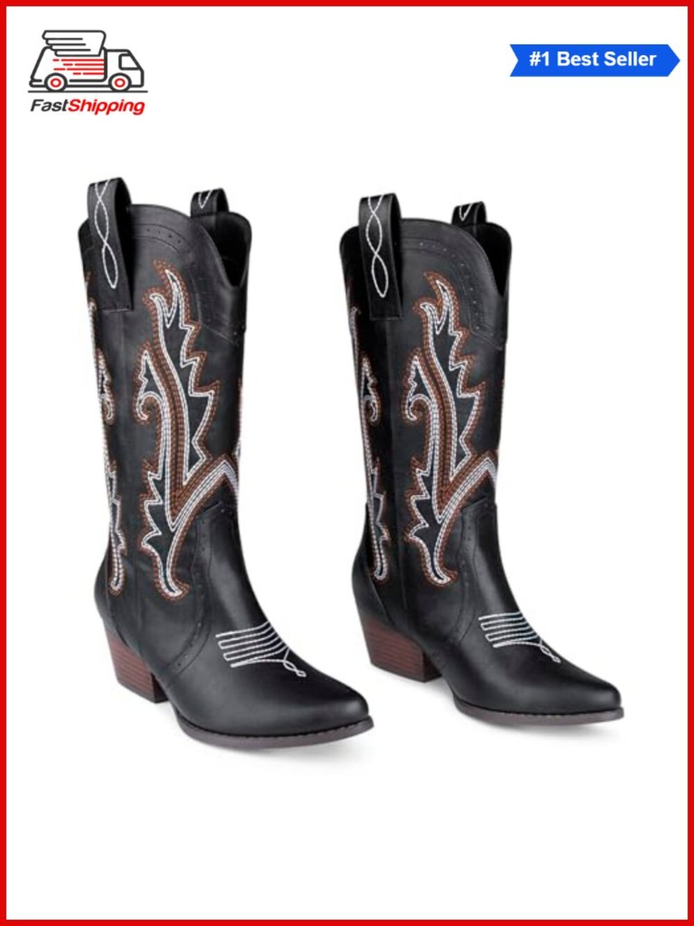 ✨ Mid Calf Cowboy Boots Women Faux Leather Western Pointed Toe Pull On